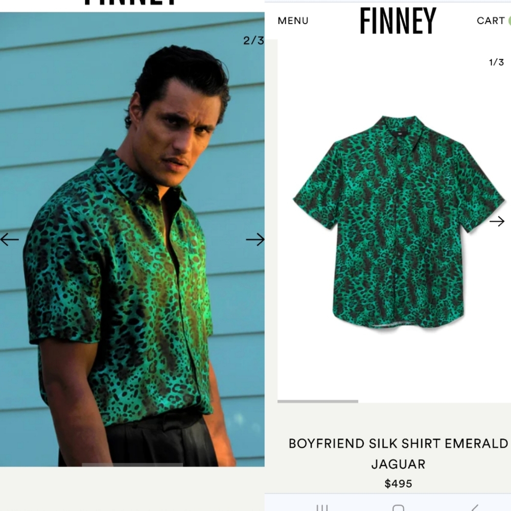 Finney $500 mob luxury silk emerald leopard button up L